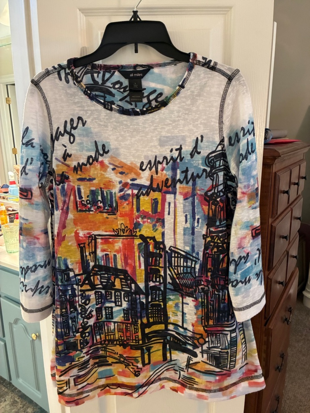 Ali Miles Multicolor Village Print 3/4  Sleeve Tunic Top SZ S